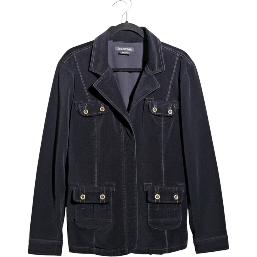 Jeanstar Black Corduroy Utility Jacket Womens Large Full Zip Cargo Pocket Blazer